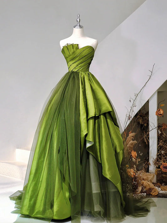 A-Line Strapless Green Satin Tulle Sweep Train Prom Dresses