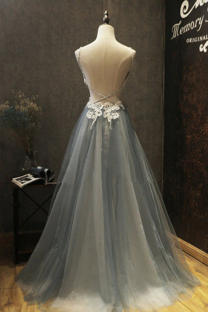 Gray sweetheart neck lace applique tulle long prom Wedding Dresses