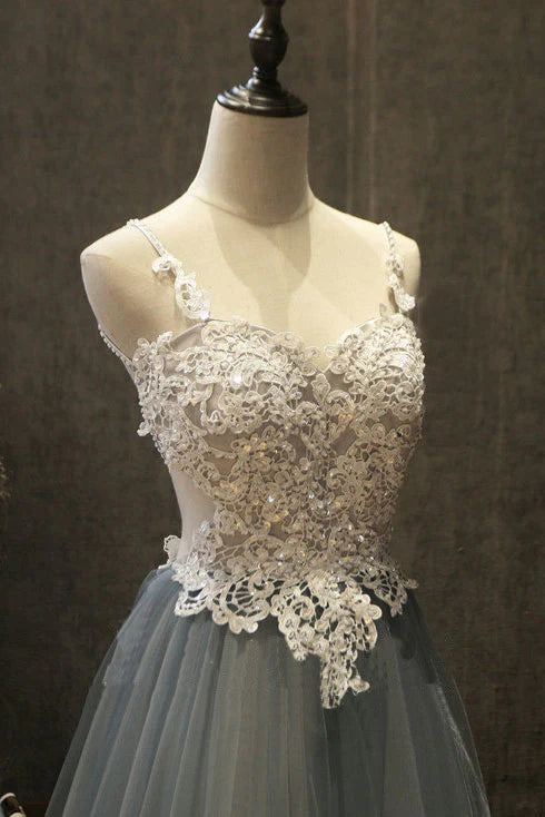 Gray sweetheart neck lace applique tulle long prom Wedding Dresses