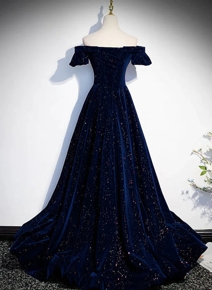 A-line Simple Navy Blue Velvet Off Shoulder Prom Dress