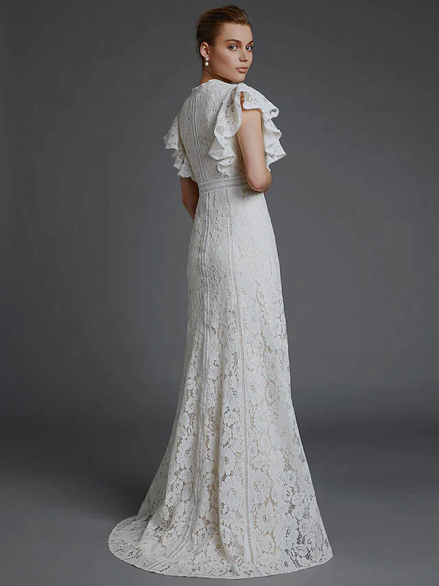 A-Line Wedding Dresses V Neck Lace Sleeveless Boho with Split Front