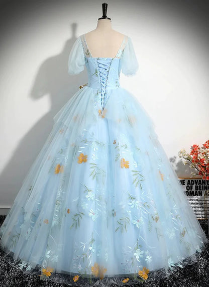 Beautiful Sky Blue Tulle Short Sleeves Prom Dress with Bow