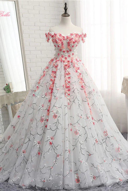 White tulle 3d applique long prom Wedding Dresses