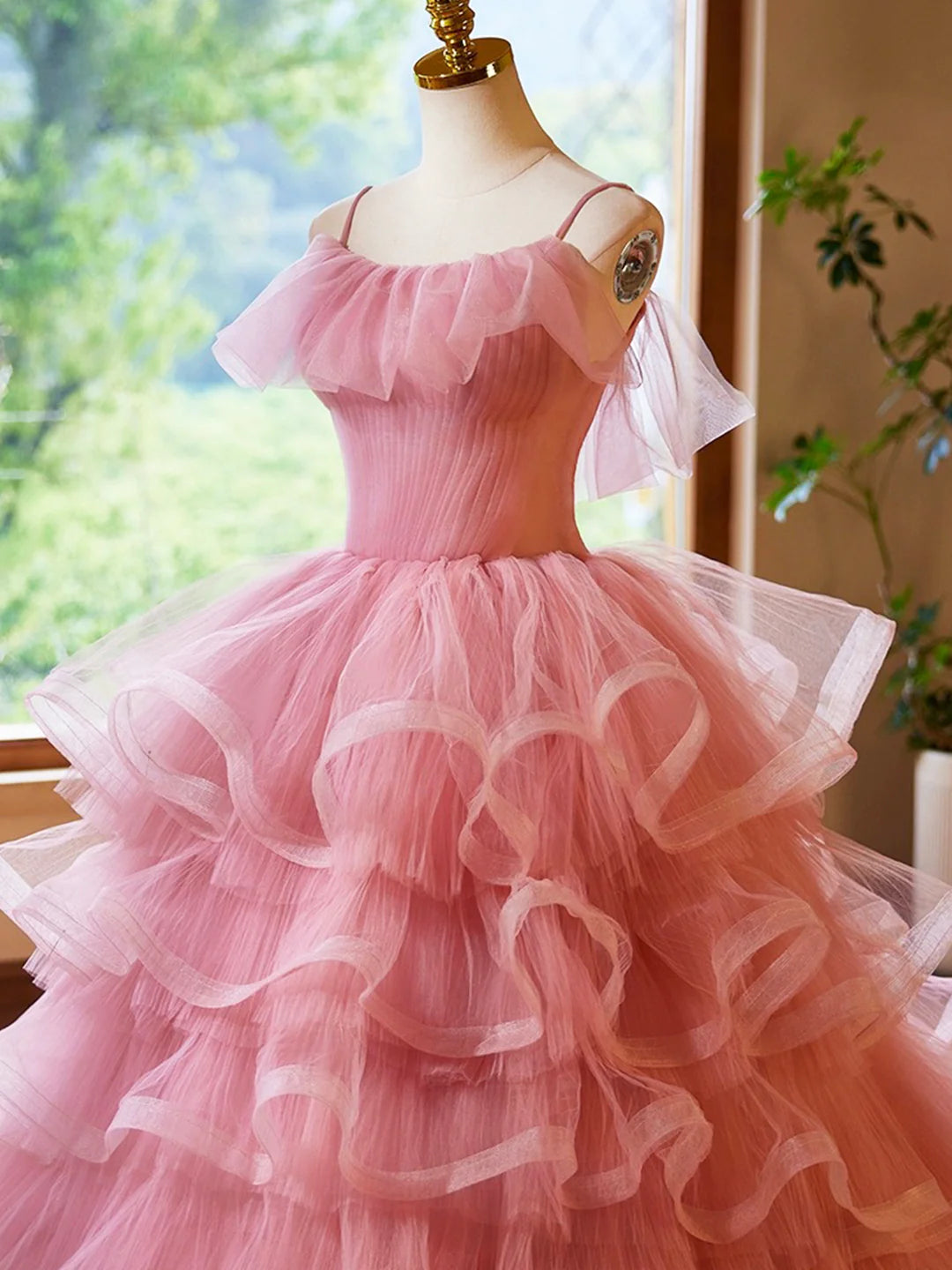 Pink Tulle Layers Long A-Line Prom Dress