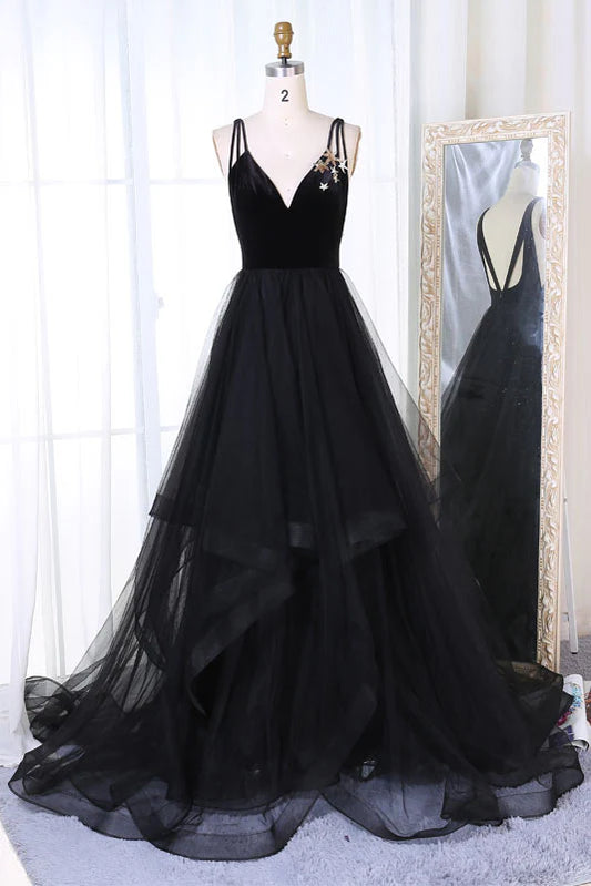 Simple black tulle v neck long prom Wedding Dresses