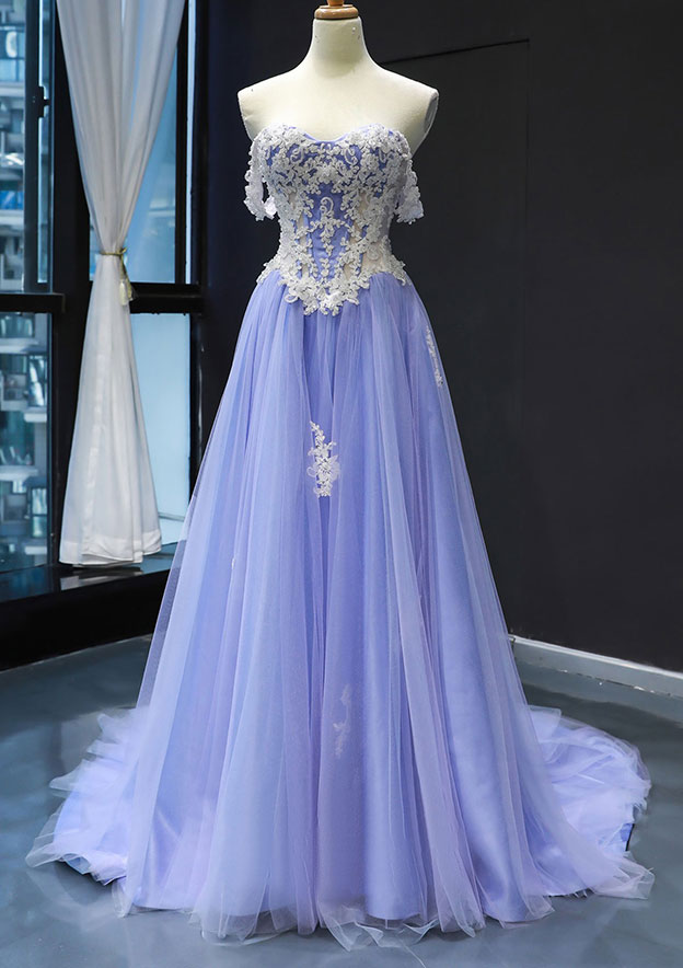 Off-the-Shoulder Sweep Train Tulle Satin Prom Dress With Appliqued