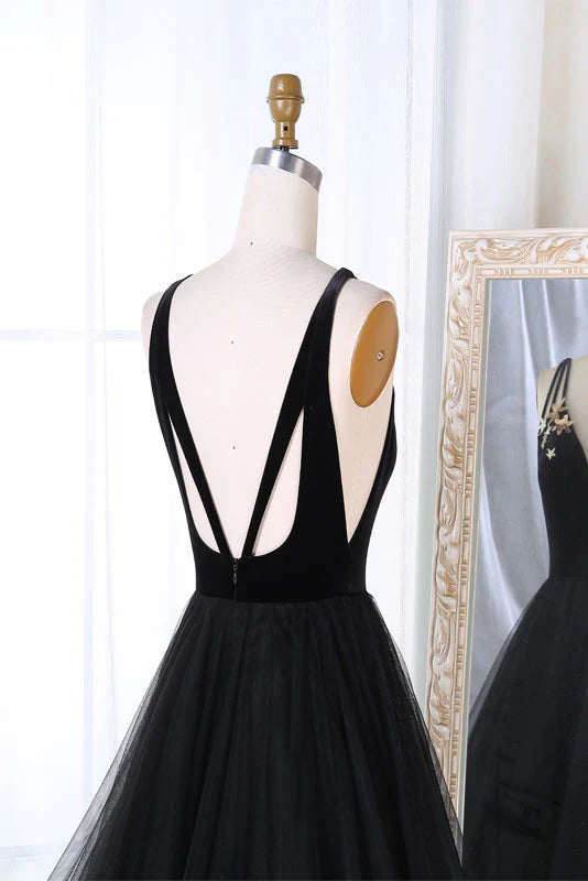 Simple black tulle v neck long prom Wedding Dresses