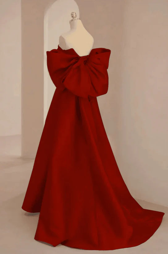 A-line Wine Red Satin Long Prom Dress