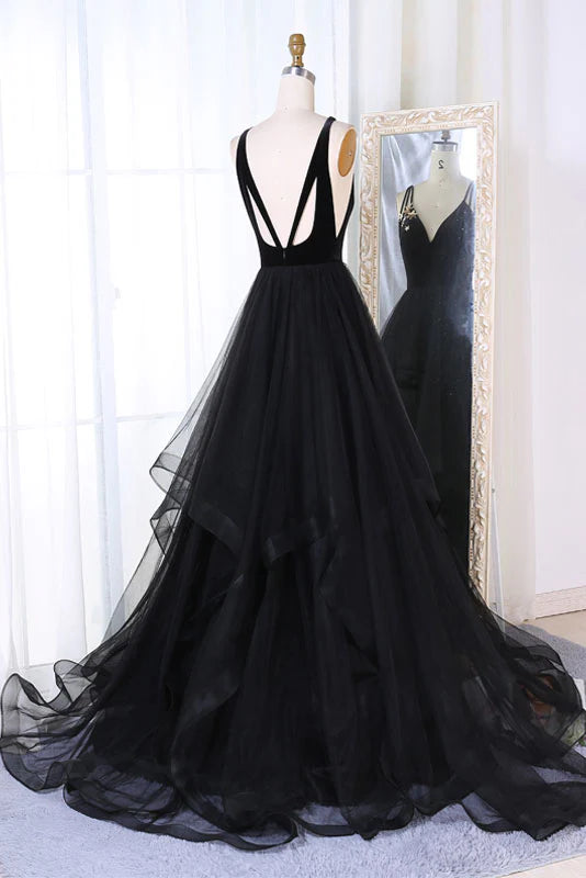 Simple black tulle v neck long prom Wedding Dresses