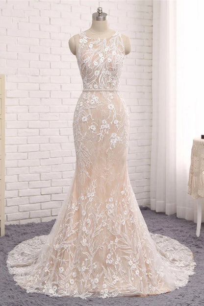 Unique round neck lace mermaid long evening Wedding Dresses