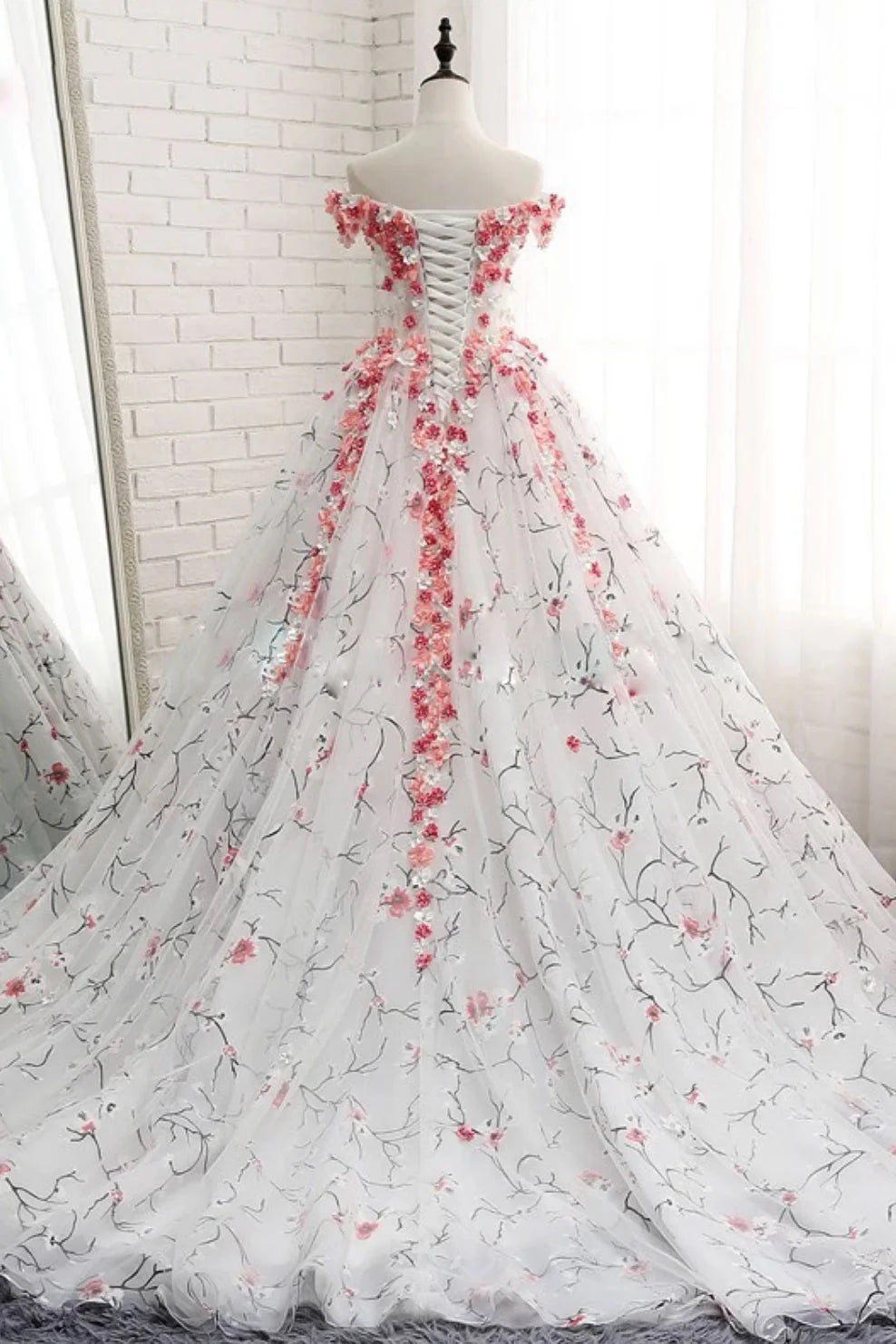 White tulle 3d applique long prom Wedding Dresses