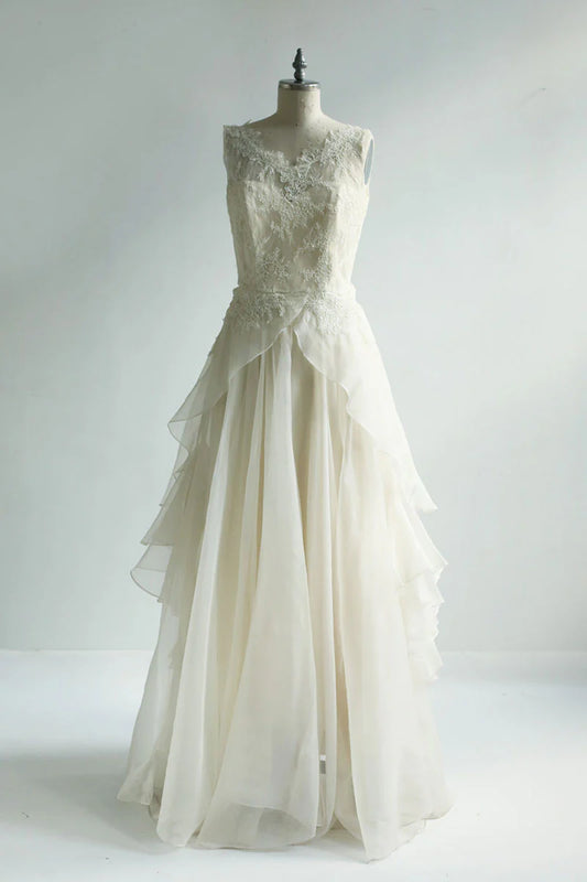 ivory round neck lace chiffon long prom Wedding Dresses