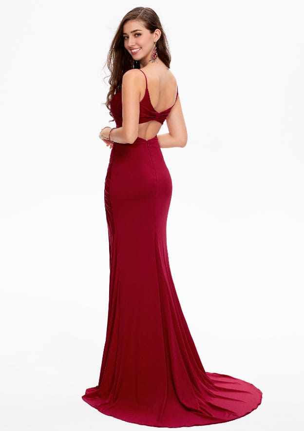 V Neck Sleeveless Jersey Sweep Train Prom Dress With Pleated