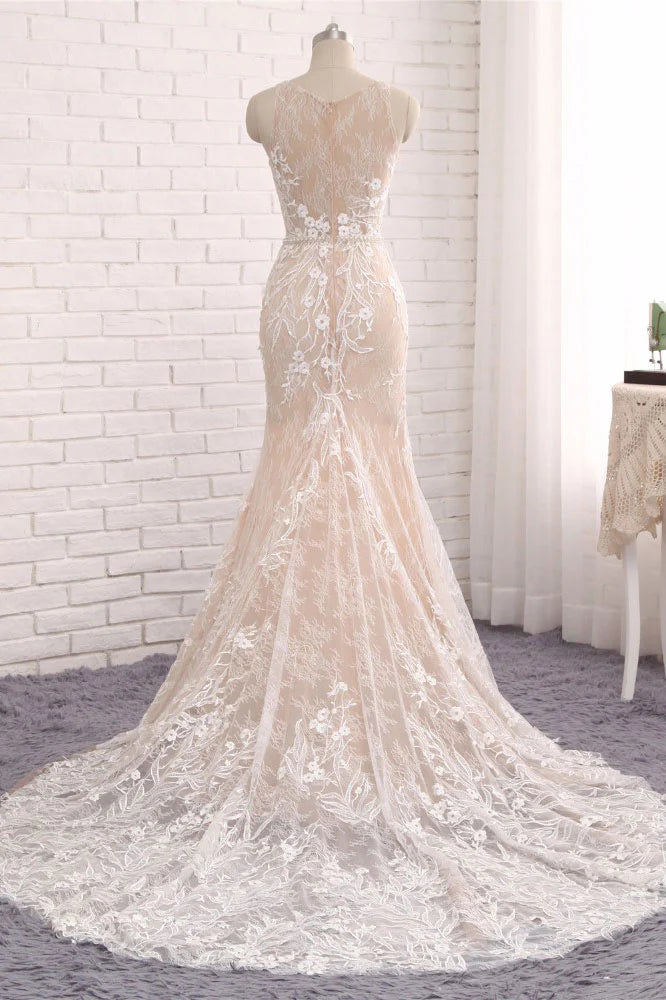 Unique round neck lace mermaid long evening Wedding Dresses