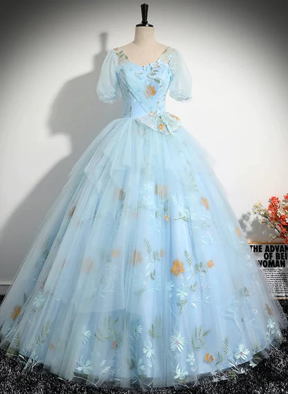 Beautiful Sky Blue Tulle Short Sleeves Prom Dress with Bow