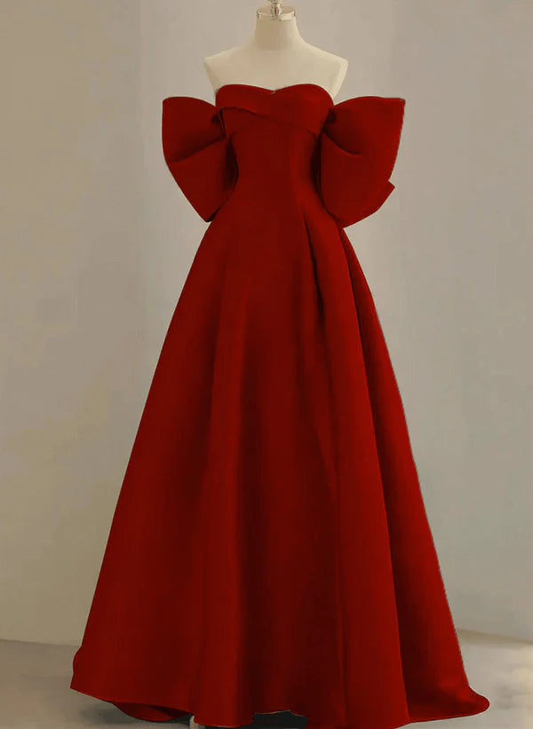 A-line Wine Red Satin Long Prom Dress