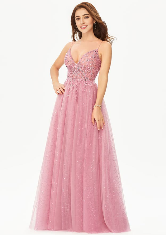 A-line V Neck Sleeveless Tulle Satin Floor-Length Prom Dress