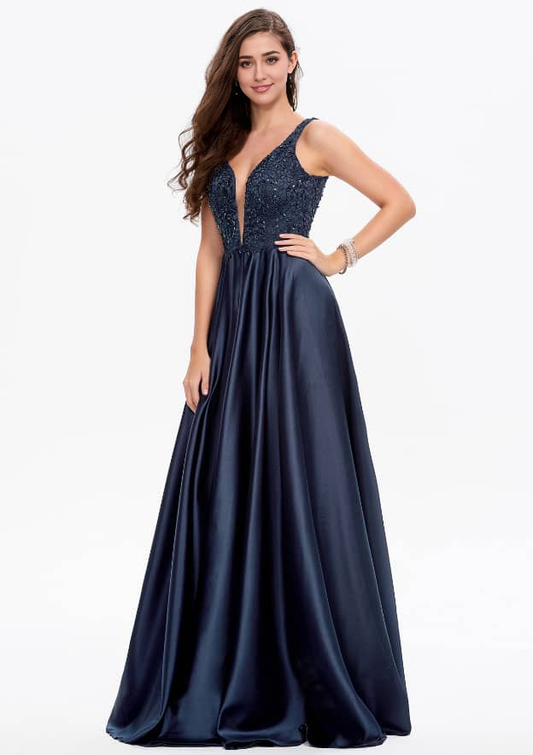 A-line V Neck Sleeveless Long/Floor-Length Satin Prom Dress