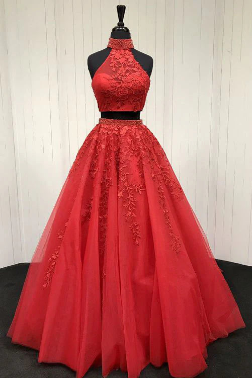 Red two pieces tulle lace applique long prom Wedding Dresses