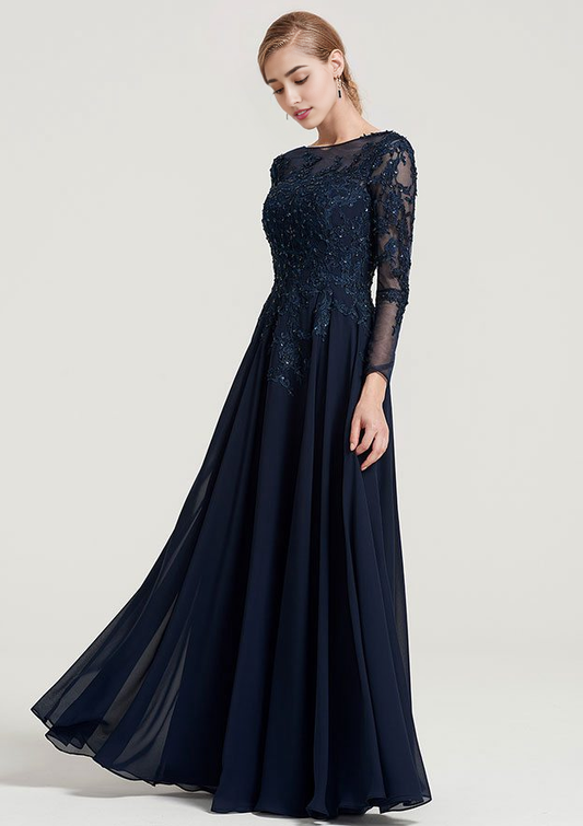 A-line/Princess 3/4 Sleeve Long/Floor-Length Chiffon Dress With Appliqued