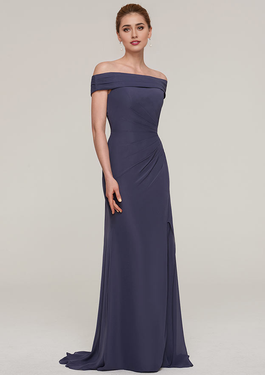 Sheath/Column Off-the-Shoulder Sleeveless Sweep Train Chiffon Prom Dress