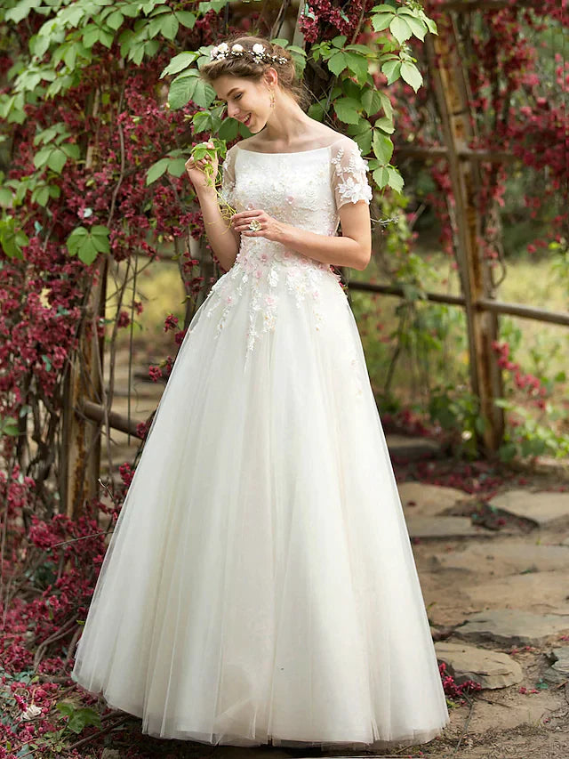 A-Line Wedding Dresses Bateau Neck Floor Length Tulle Short Sleeve with Beading Appliques Flower