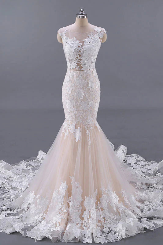 Unique champagne tulle lace long prom dress Weedding Dress