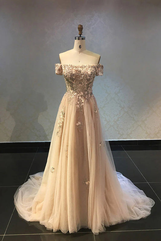 Champagne lace applique tulle long prom Wedding Dresses