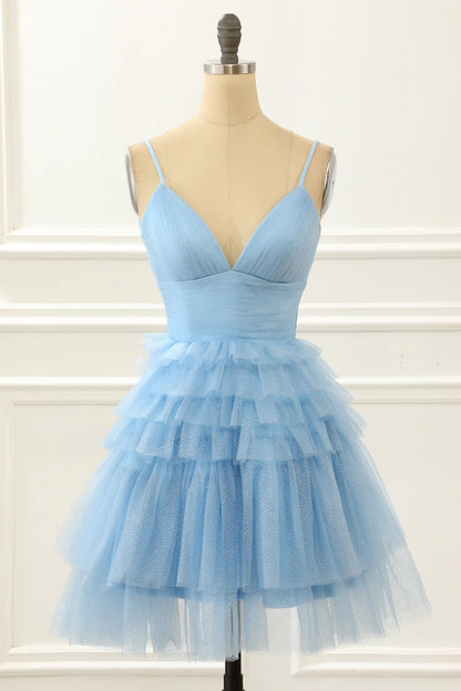 A-Line Cute Light Blue Homecoming Dress With Ruffles