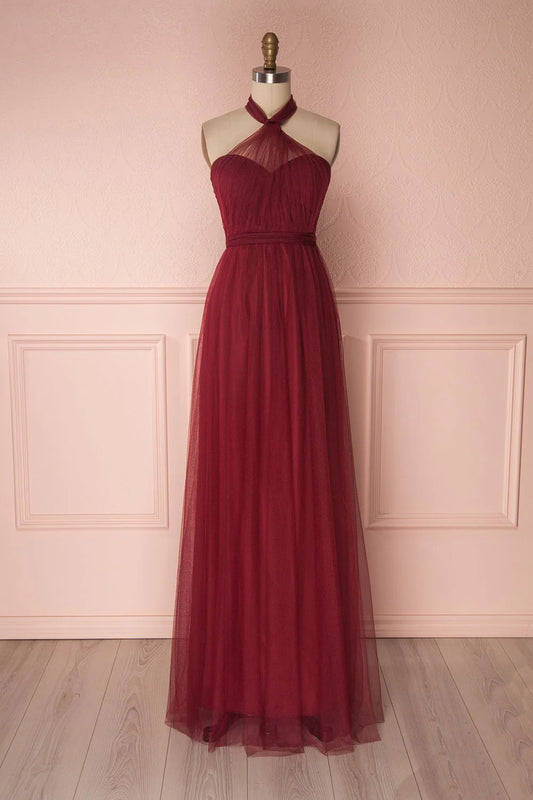 Burgundy tulle sweetheart long prom Wedding Dresses