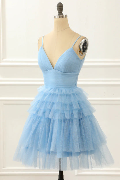 A-Line Cute Light Blue Homecoming Dress With Ruffles