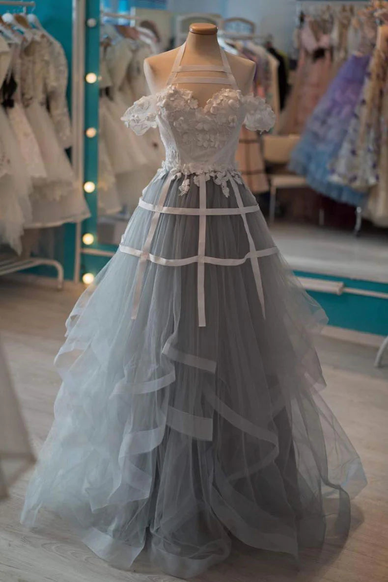 Unique gray tulle lace applique long prom Wedding Dresses