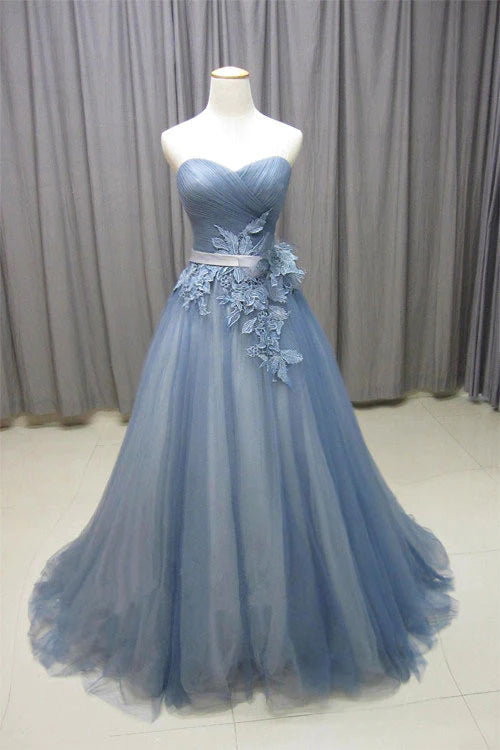 Gray blue sweetheart neck tulle long prom Wedding Dresses