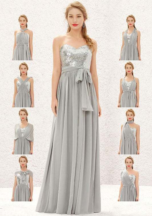 Long/Floor-Length Chiffon Sequined Bridesmaid Dress With Bandage Pleated