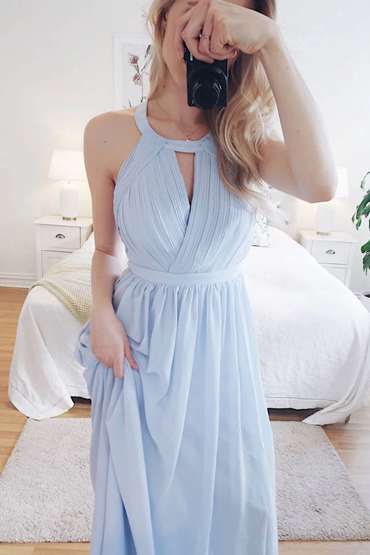 Simple round neck chiffon blue long prom Wedding Dresses