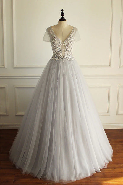 Gray v neck tulle lace applique long prom Wedding Dresses