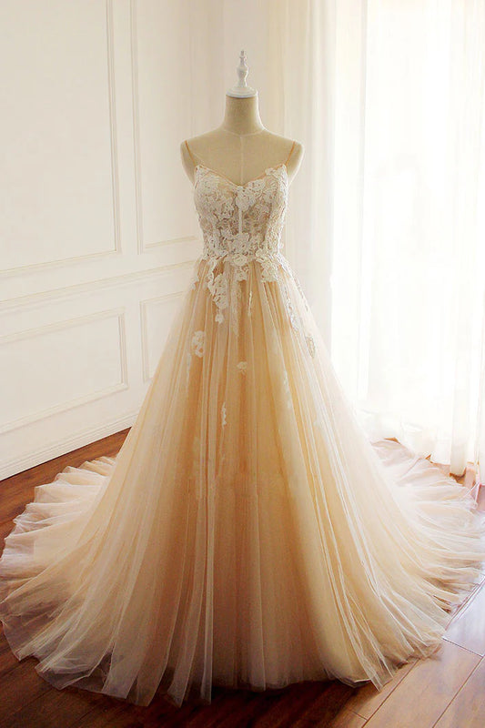 Champagne tulle lace applique long prom Wedding Dresses