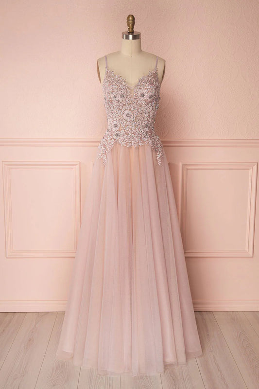 Pink v neck tulle lace applique long prom Wedding Dresses