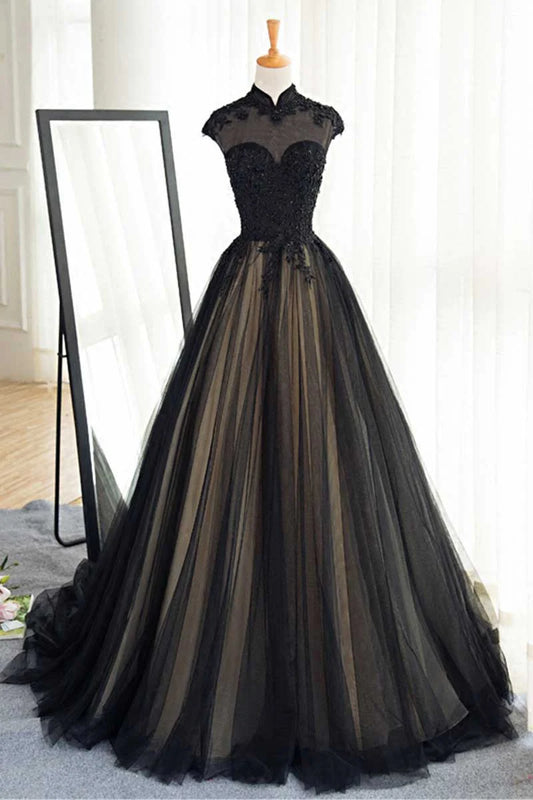 Black tulle lace long prom Wedding Dresses