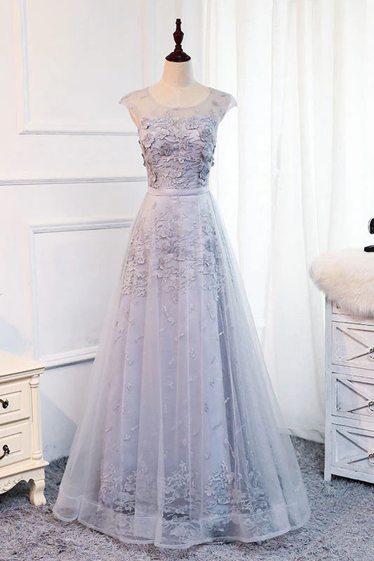 Gray round neck tulle lace applique long prom Wedding Dresses