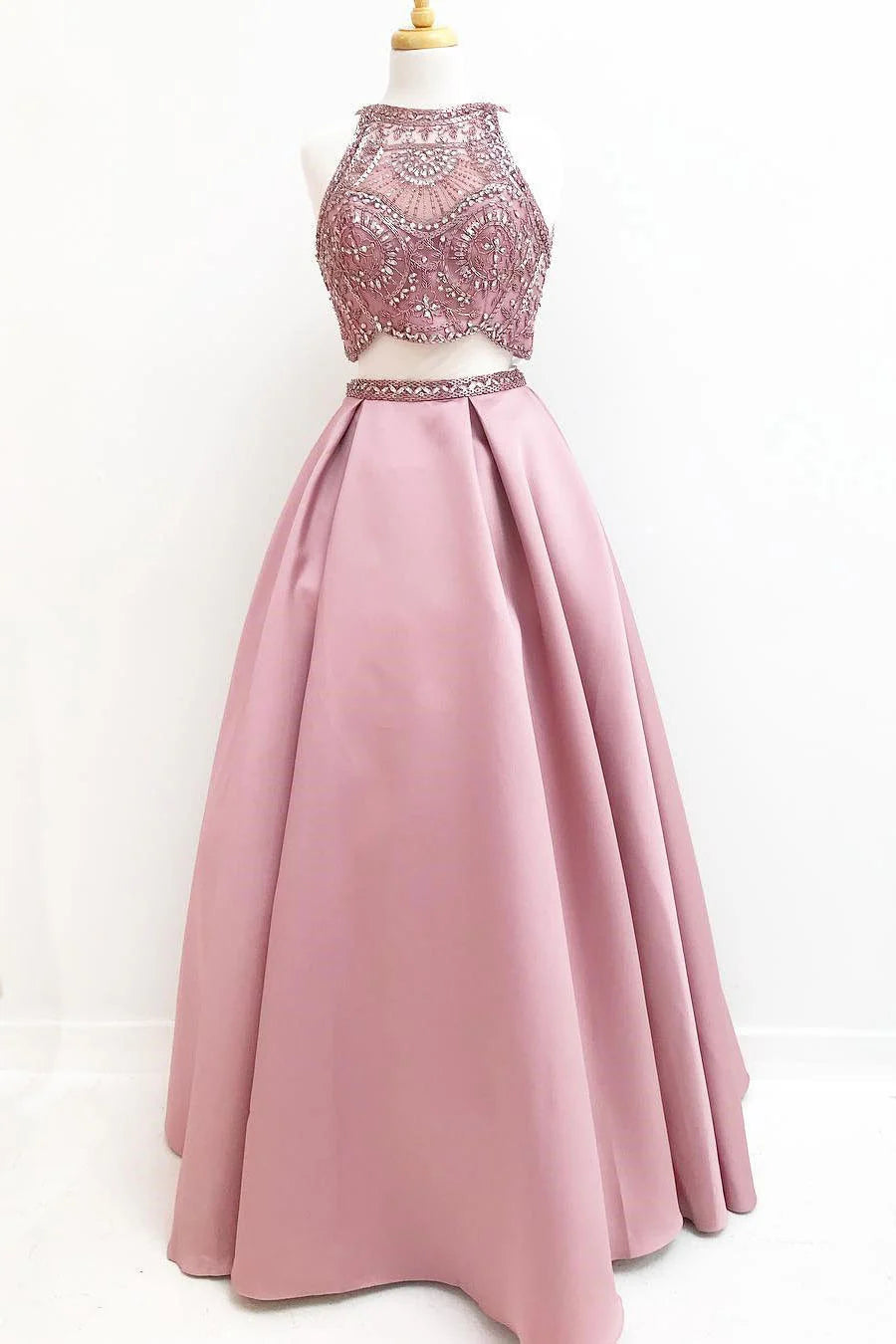 Pink two pieces beads satin long prom Wedding Dresses