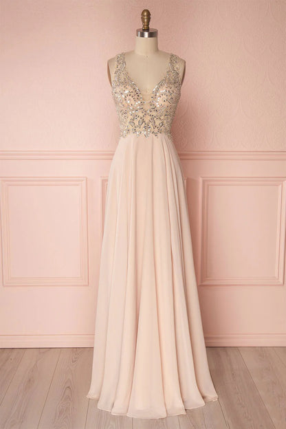 Pink v neck beads sequin long prom Wedding Dresses