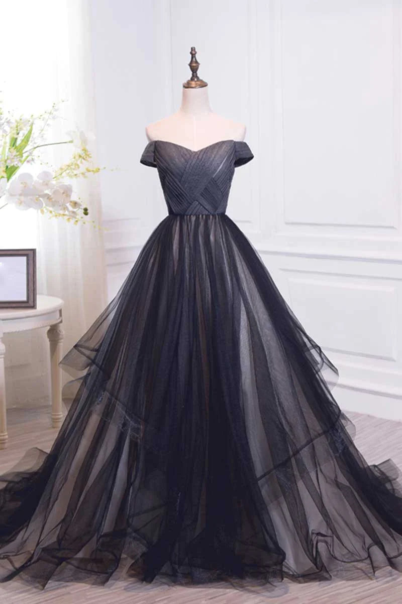 Black off shoulder tulle long prom Wedding Dresses