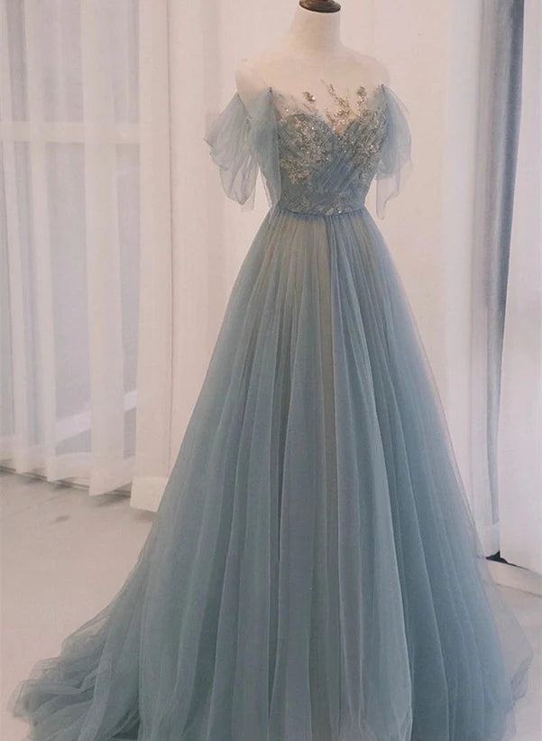 A-line Blue with Lace Applique Party Prom Dress