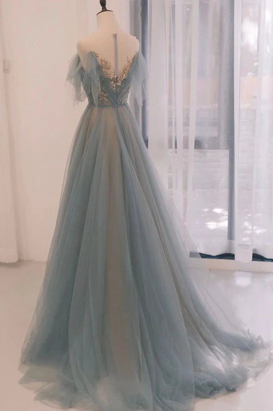 A-line Blue with Lace Applique Party Prom Dress