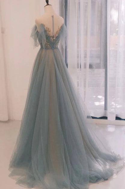 A-line Blue with Lace Applique Party Prom Dress