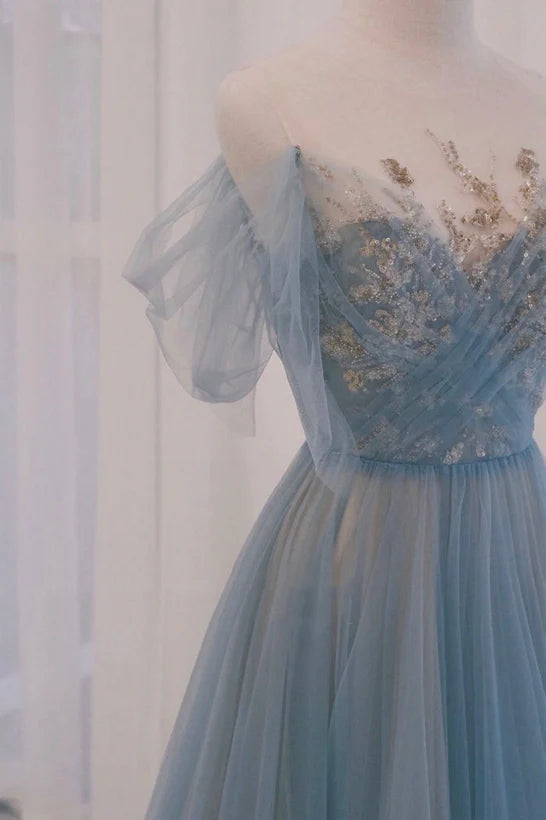A-line Blue with Lace Applique Party Prom Dress
