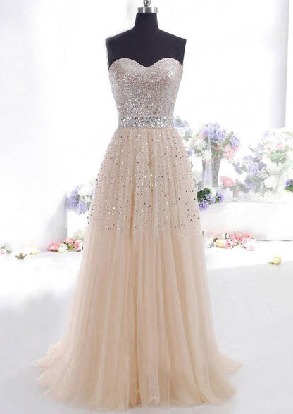 Prom Dress A-Line/Princess Strapless Sweep Train With Beaded