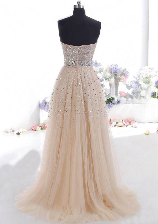 Prom Dress A-Line/Princess Strapless Sweep Train With Beaded