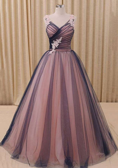 V Neck Sleeveless Long/Floor-Length Tulle Prom Dress With Appliqued